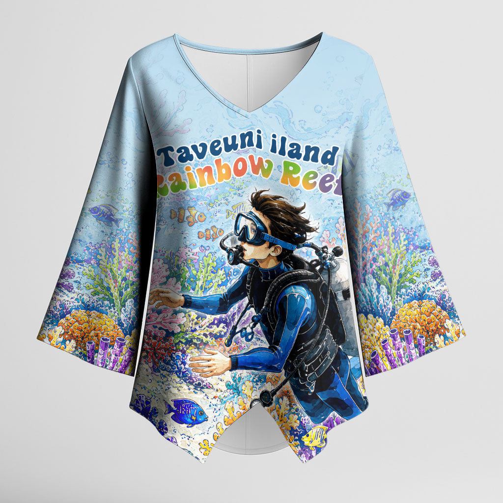 Fiji Taveuni Rainbow Reef Kimono Sleeve Blouse Scuba Diver Vibrant Undersea Coral Garden Watercolor