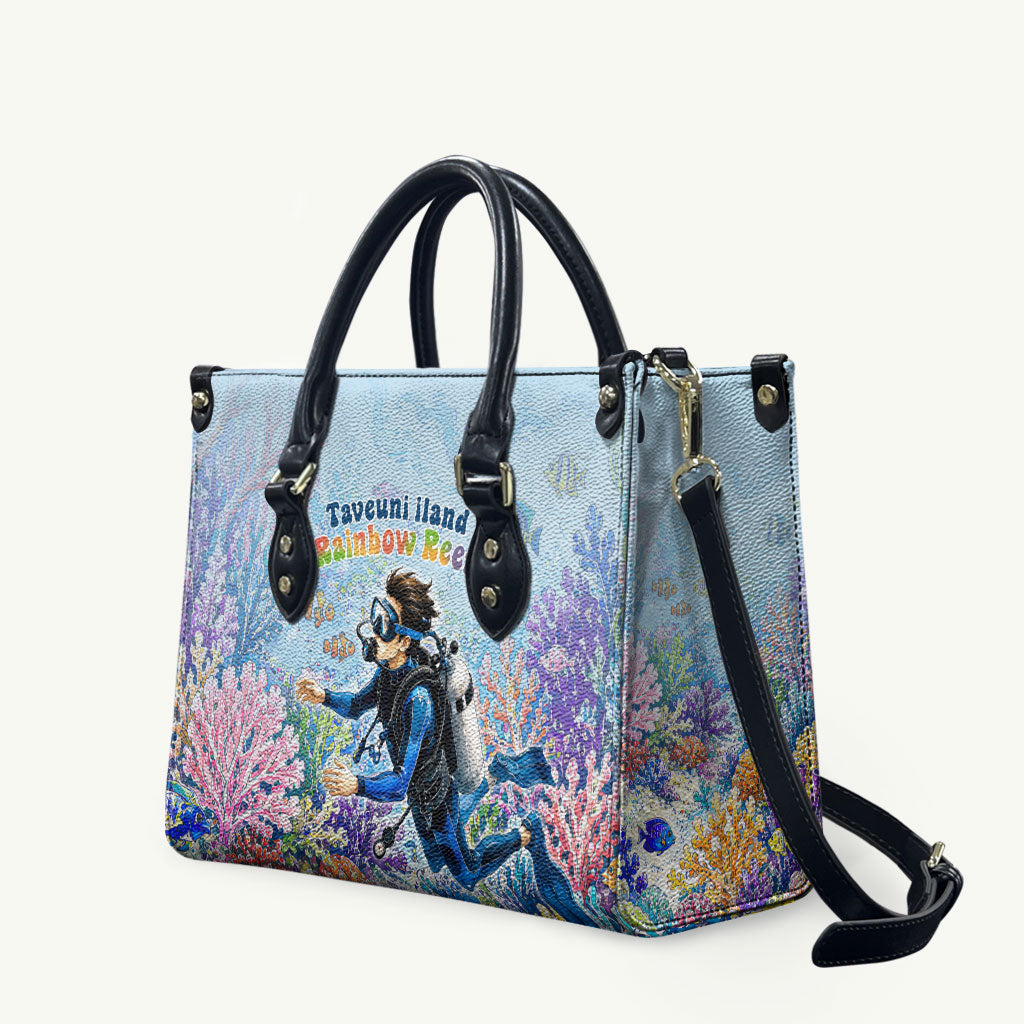 Fiji Taveuni Rainbow Reef Leather Bag Scuba Diver Vibrant Undersea Coral Garden Watercolor