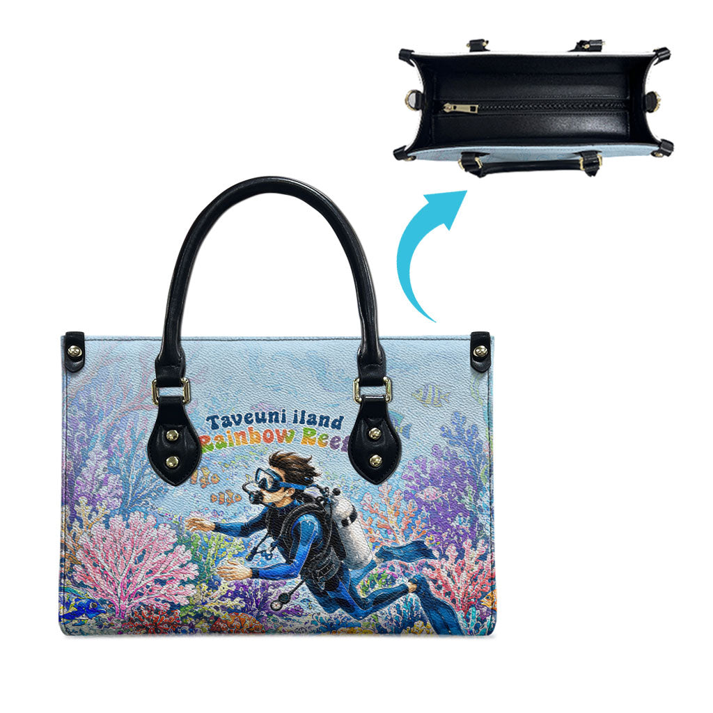 Fiji Taveuni Rainbow Reef Leather Bag Scuba Diver Vibrant Undersea Coral Garden Watercolor
