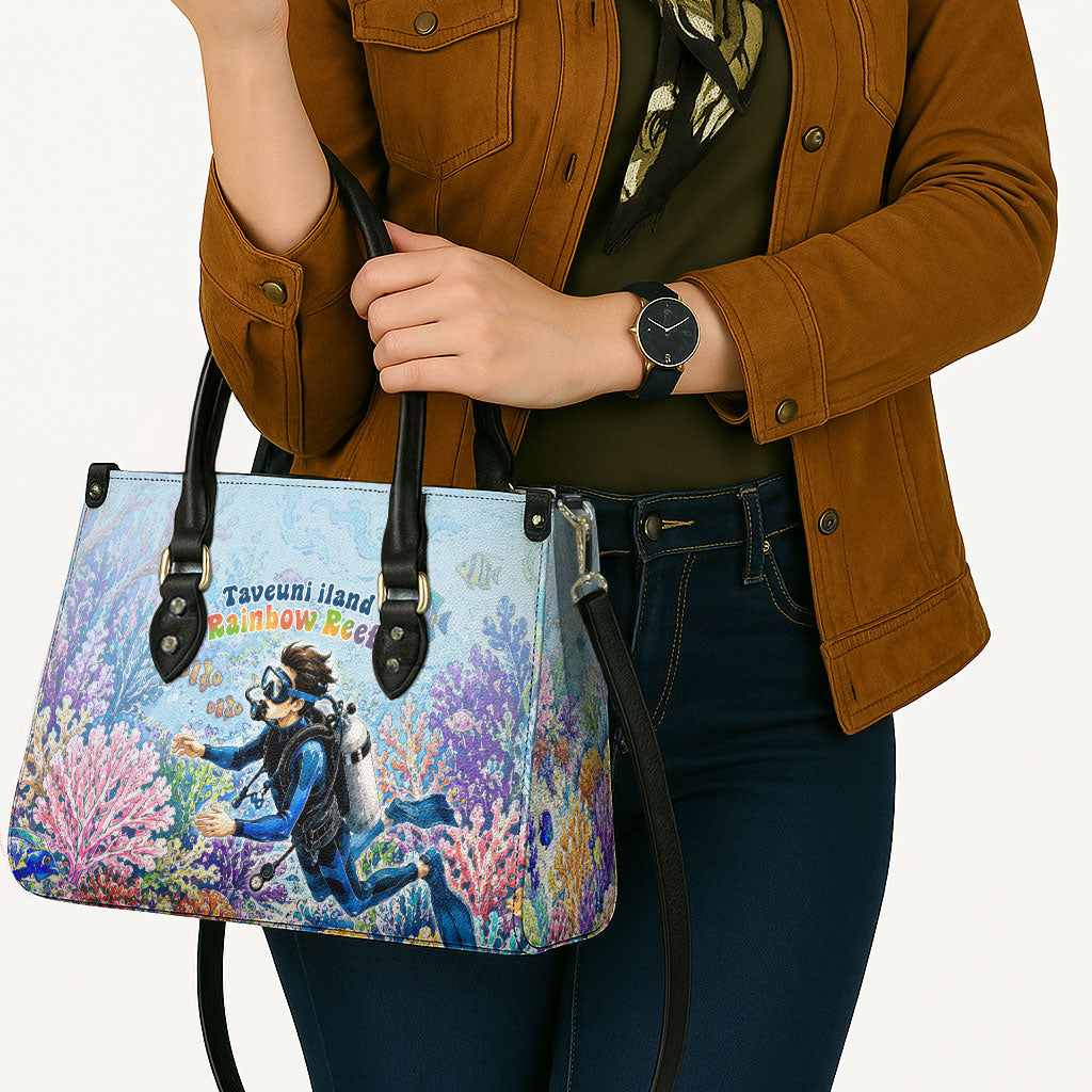 Fiji Taveuni Rainbow Reef Leather Bag Scuba Diver Vibrant Undersea Coral Garden Watercolor