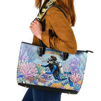Fiji Taveuni Rainbow Reef Leather Tote Bag Scuba Diver Vibrant Undersea Coral Garden Watercolor