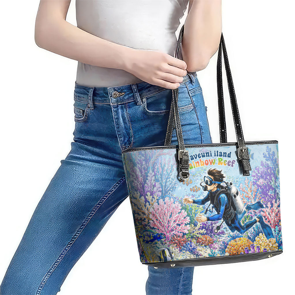 Fiji Taveuni Rainbow Reef Leather Tote Bag Scuba Diver Vibrant Undersea Coral Garden Watercolor