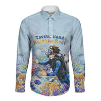 Fiji Taveuni Rainbow Reef Long Sleeve Button Shirt Scuba Diver Vibrant Undersea Coral Garden Watercolor