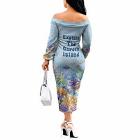 Fiji Taveuni Rainbow Reef Off The Shoulder Long Sleeve Dress Scuba Diver Vibrant Undersea Coral Garden Watercolor