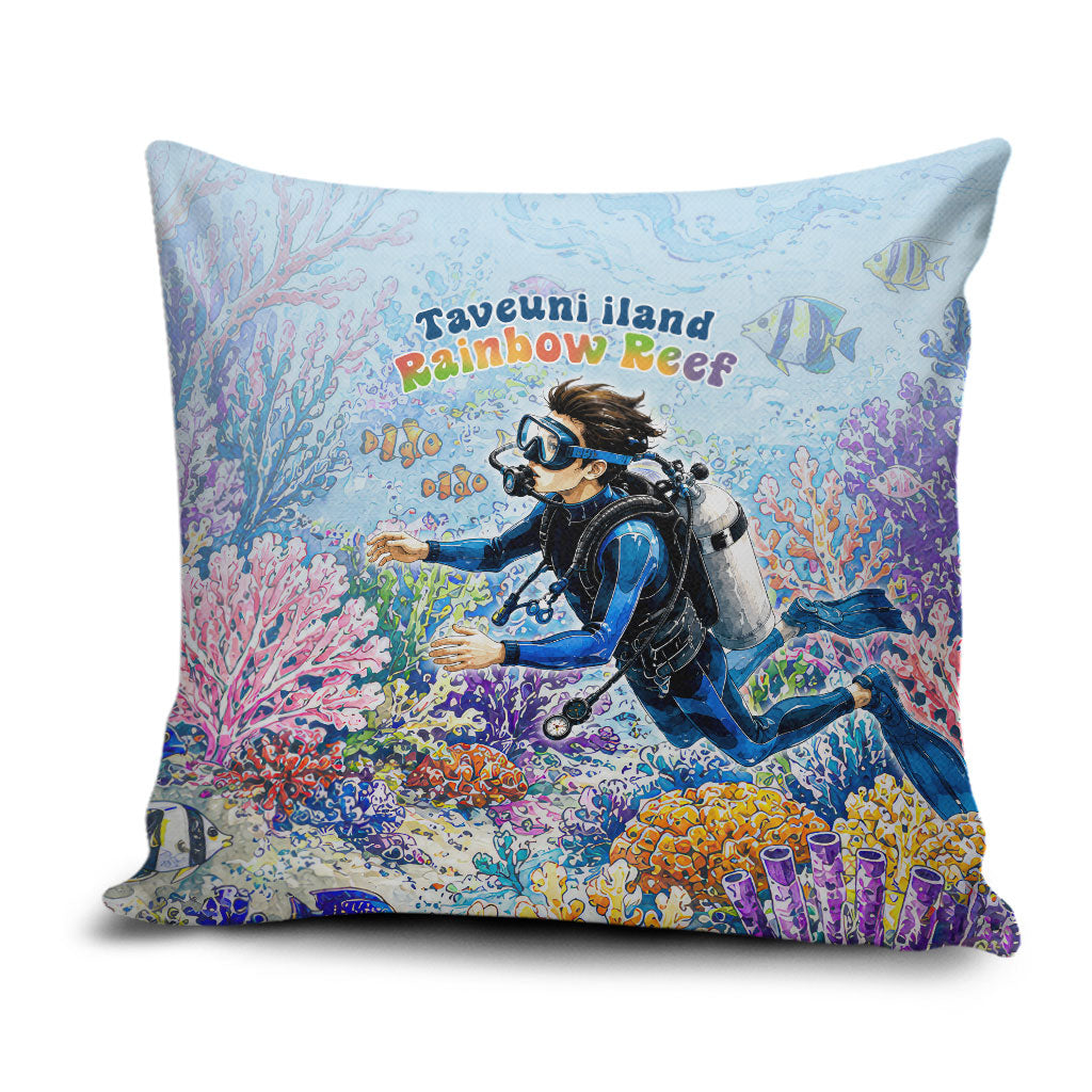 Fiji Taveuni Rainbow Reef Pillow Cover Scuba Diver Vibrant Undersea Coral Garden Watercolor