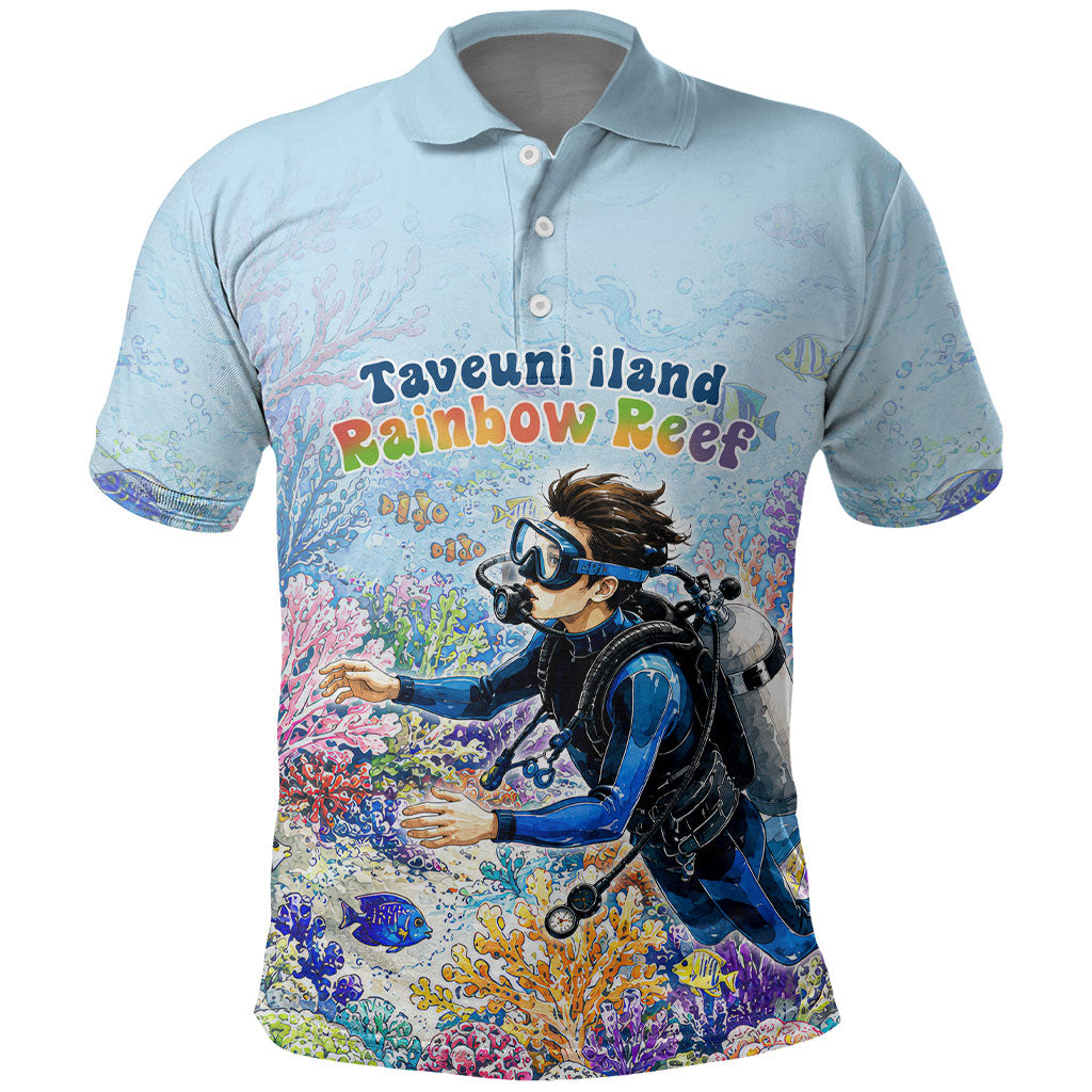 Fiji Taveuni Rainbow Reef Polo Shirt Scuba Diver Vibrant Undersea Coral Garden Watercolor