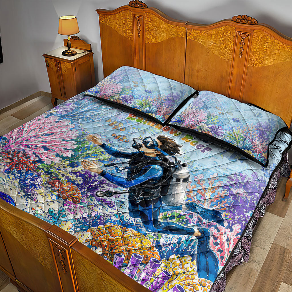 Fiji Taveuni Rainbow Reef Quilt Bed Set Scuba Diver Vibrant Undersea Coral Garden Watercolor