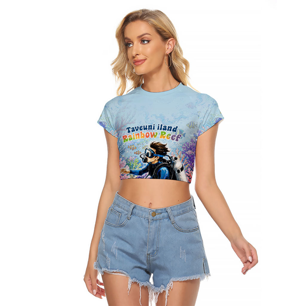 Fiji Taveuni Rainbow Reef Raglan Cropped T Shirt Scuba Diver Vibrant Undersea Coral Garden Watercolor