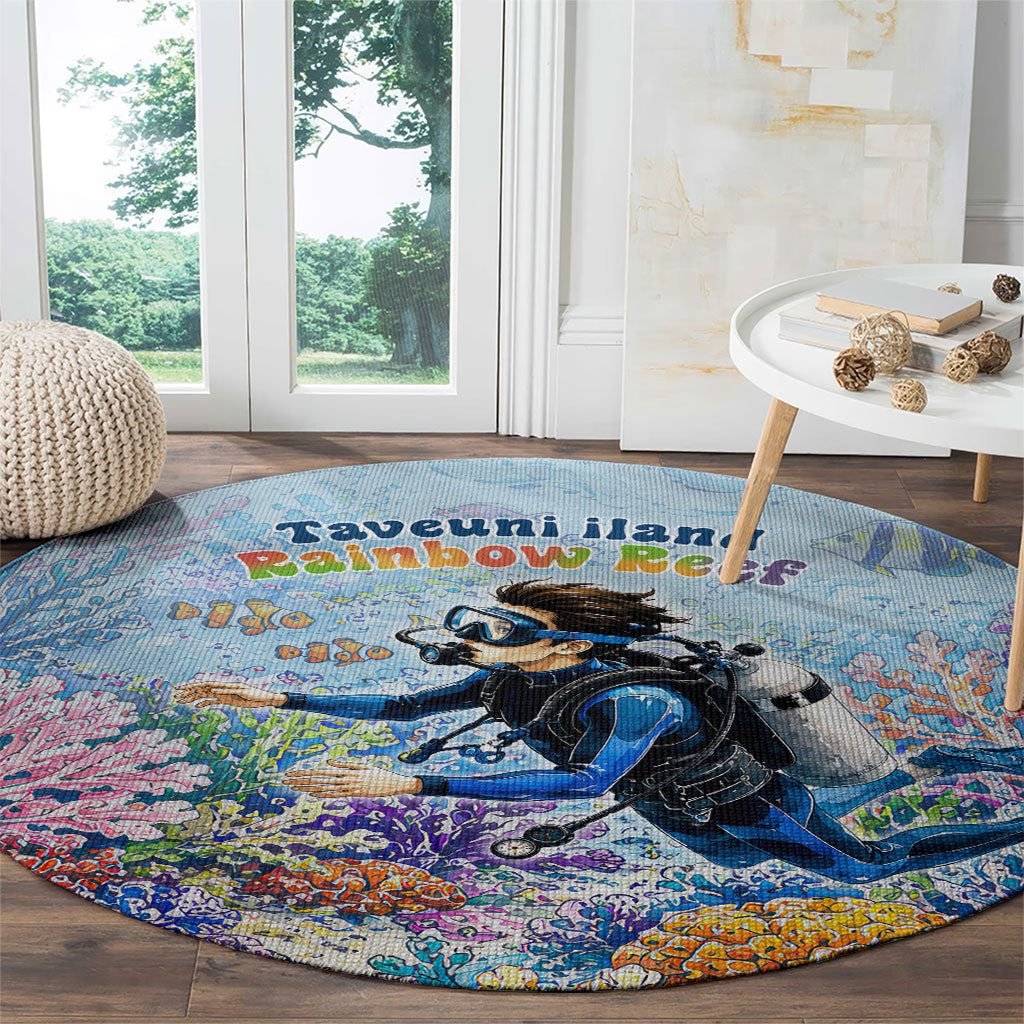 Fiji Taveuni Rainbow Reef Round Carpet Scuba Diver Vibrant Undersea Coral Garden Watercolor