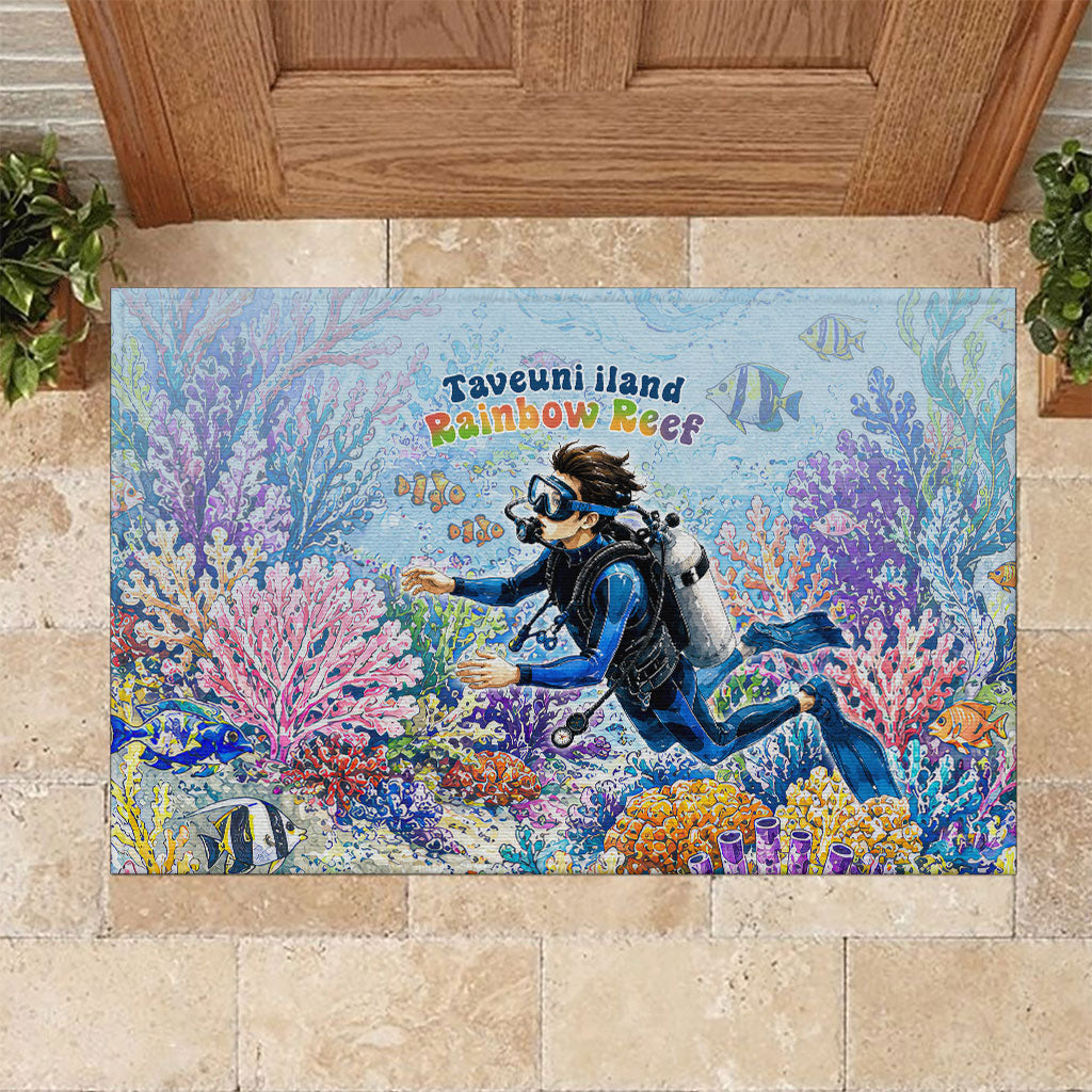 Fiji Taveuni Rainbow Reef Rubber Doormat Scuba Diver Vibrant Undersea Coral Garden Watercolor