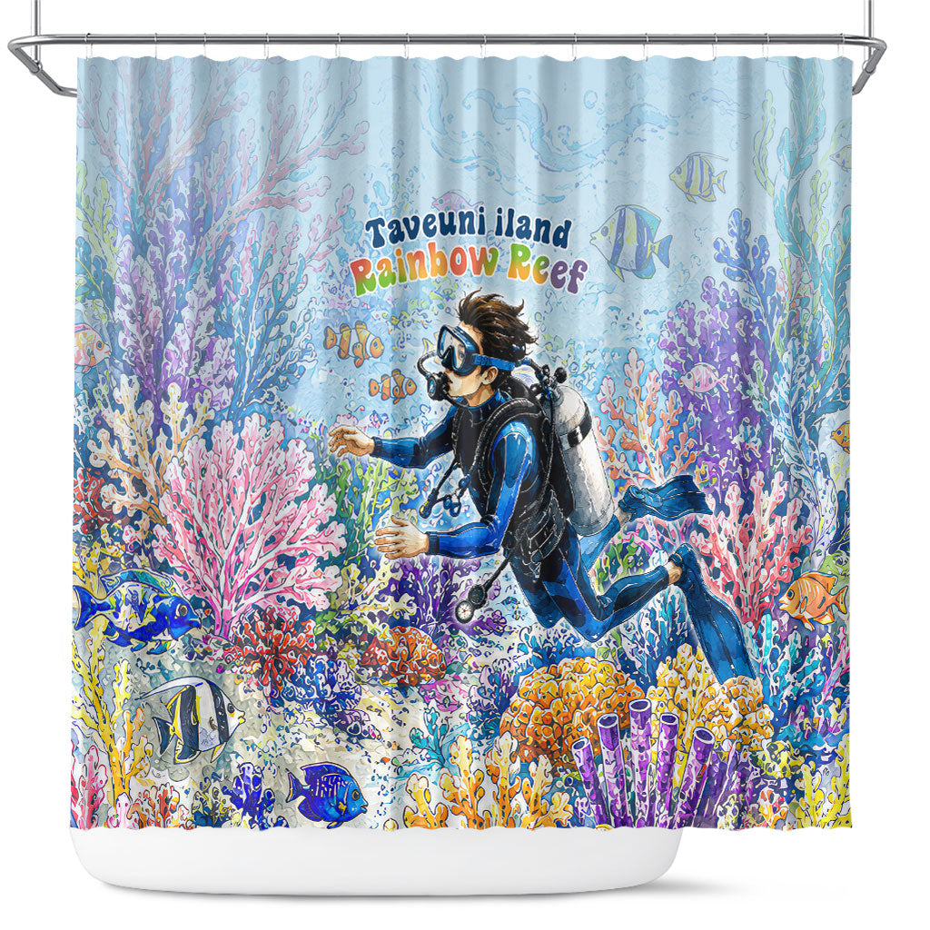 Fiji Taveuni Rainbow Reef Shower Curtain Scuba Diver Vibrant Undersea Coral Garden Watercolor