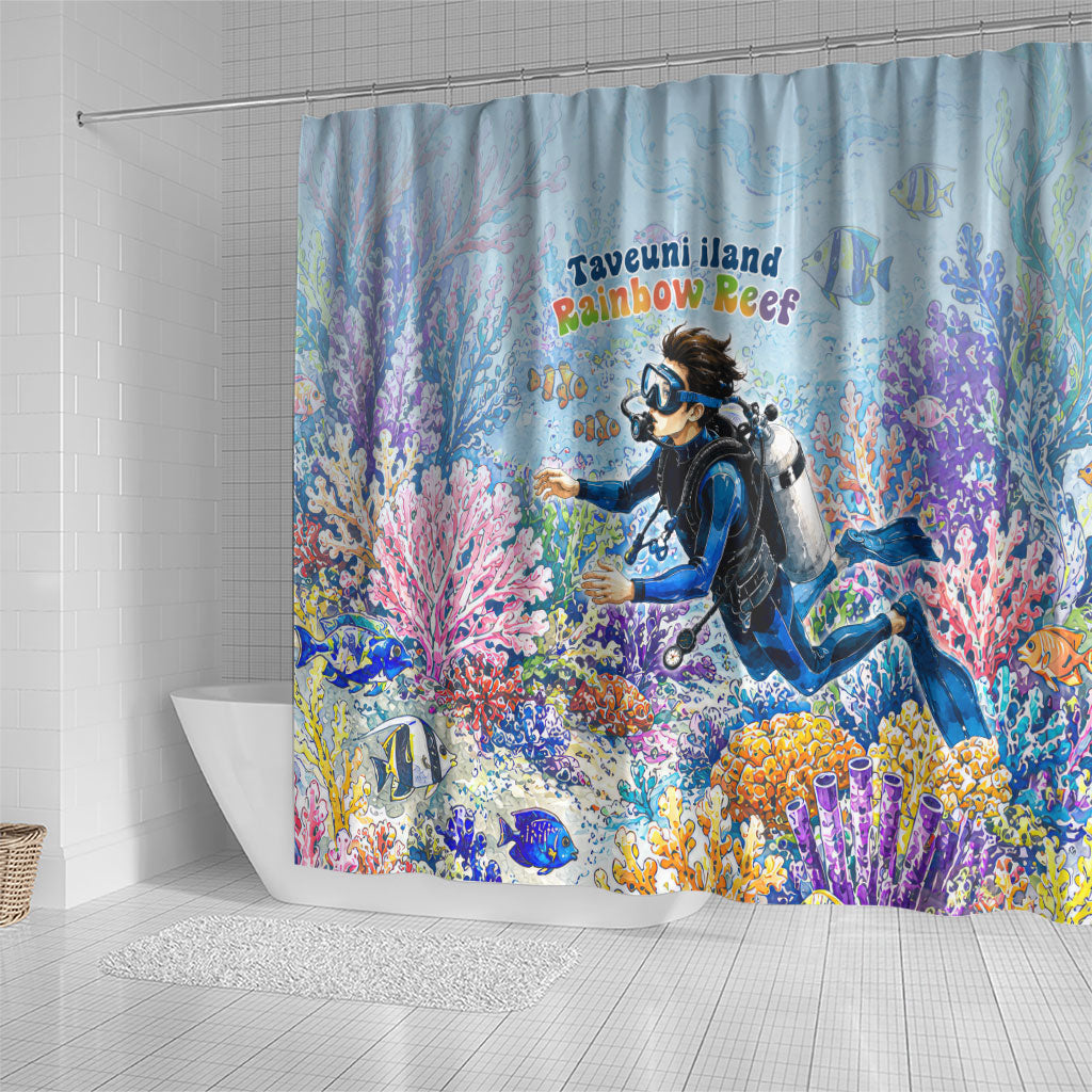 Fiji Taveuni Rainbow Reef Shower Curtain Scuba Diver Vibrant Undersea Coral Garden Watercolor