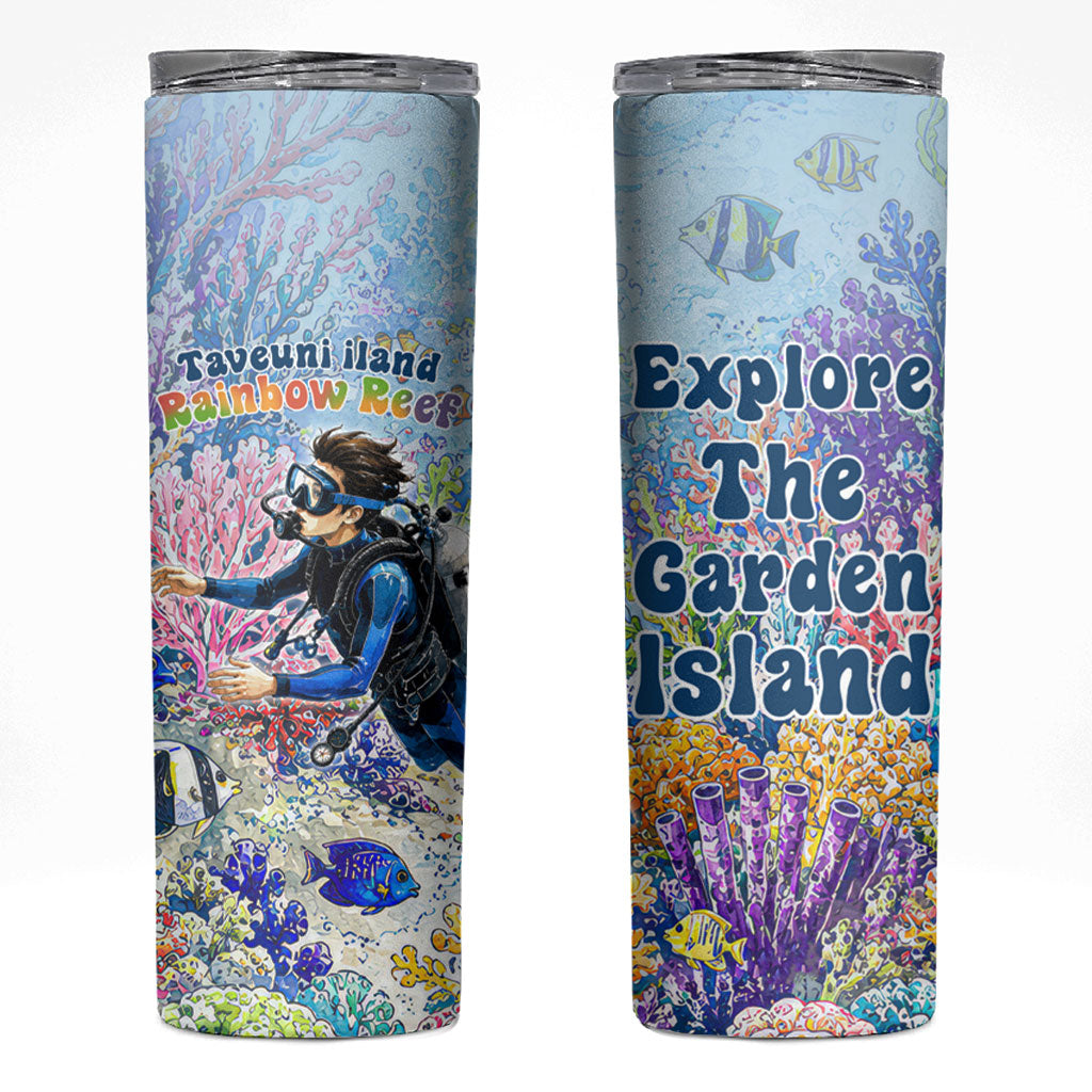 Fiji Taveuni Rainbow Reef Skinny Tumbler Scuba Diver Vibrant Undersea Coral Garden Watercolor