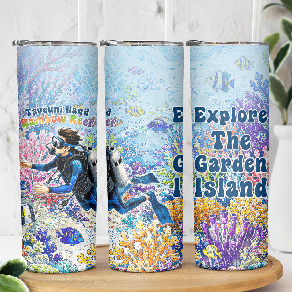 Fiji Taveuni Rainbow Reef Skinny Tumbler Scuba Diver Vibrant Undersea Coral Garden Watercolor