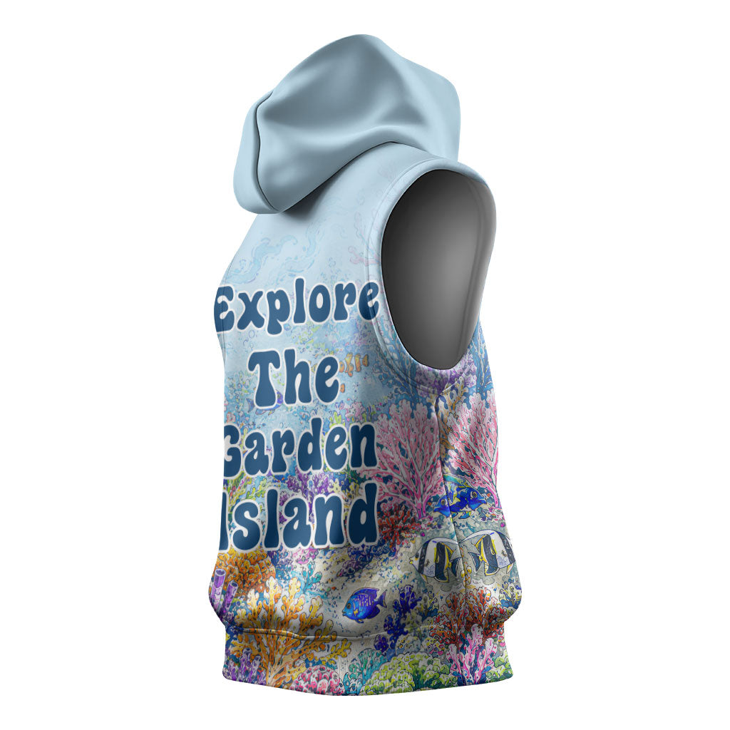 Fiji Taveuni Rainbow Reef Sleeveless Hoodie Scuba Diver Vibrant Undersea Coral Garden Watercolor