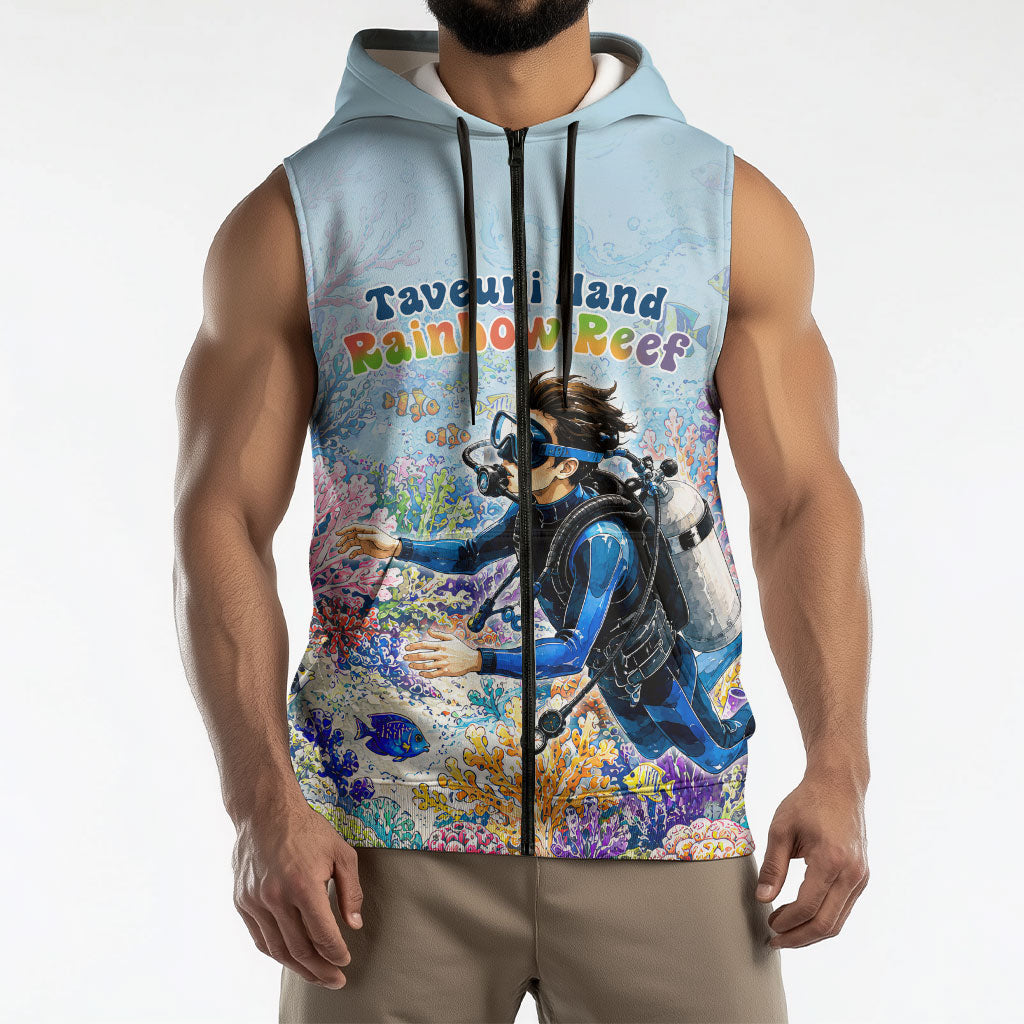 Fiji Taveuni Rainbow Reef Sleeveless Zip Hoodie Scuba Diver Vibrant Undersea Coral Garden Watercolor