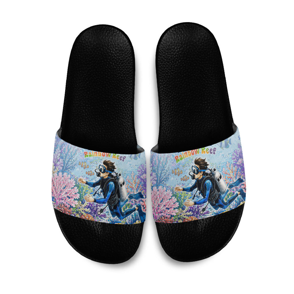 Fiji Taveuni Rainbow Reef Slide Sandals Scuba Diver Vibrant Undersea Coral Garden Watercolor