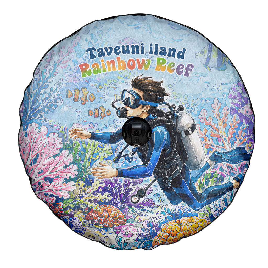 Fiji Taveuni Rainbow Reef Spare Tire Cover Scuba Diver Vibrant Undersea Coral Garden Watercolor