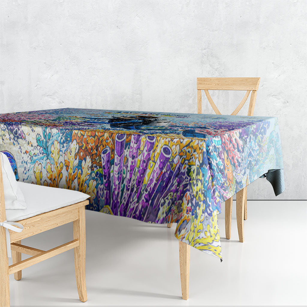Fiji Taveuni Rainbow Reef Tablecloth Scuba Diver Vibrant Undersea Coral Garden Watercolor