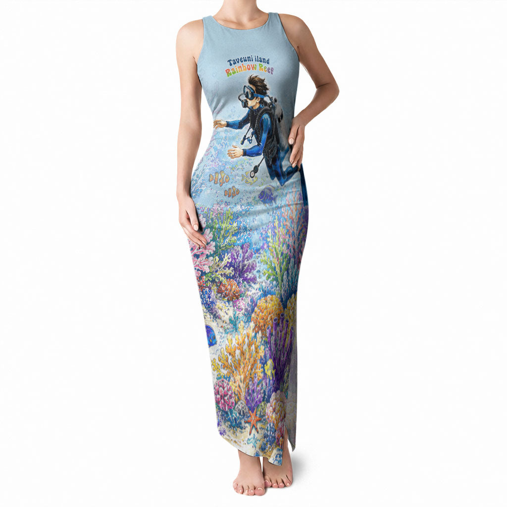 Fiji Taveuni Rainbow Reef Tank Maxi Dress Scuba Diver Vibrant Undersea Coral Garden Watercolor