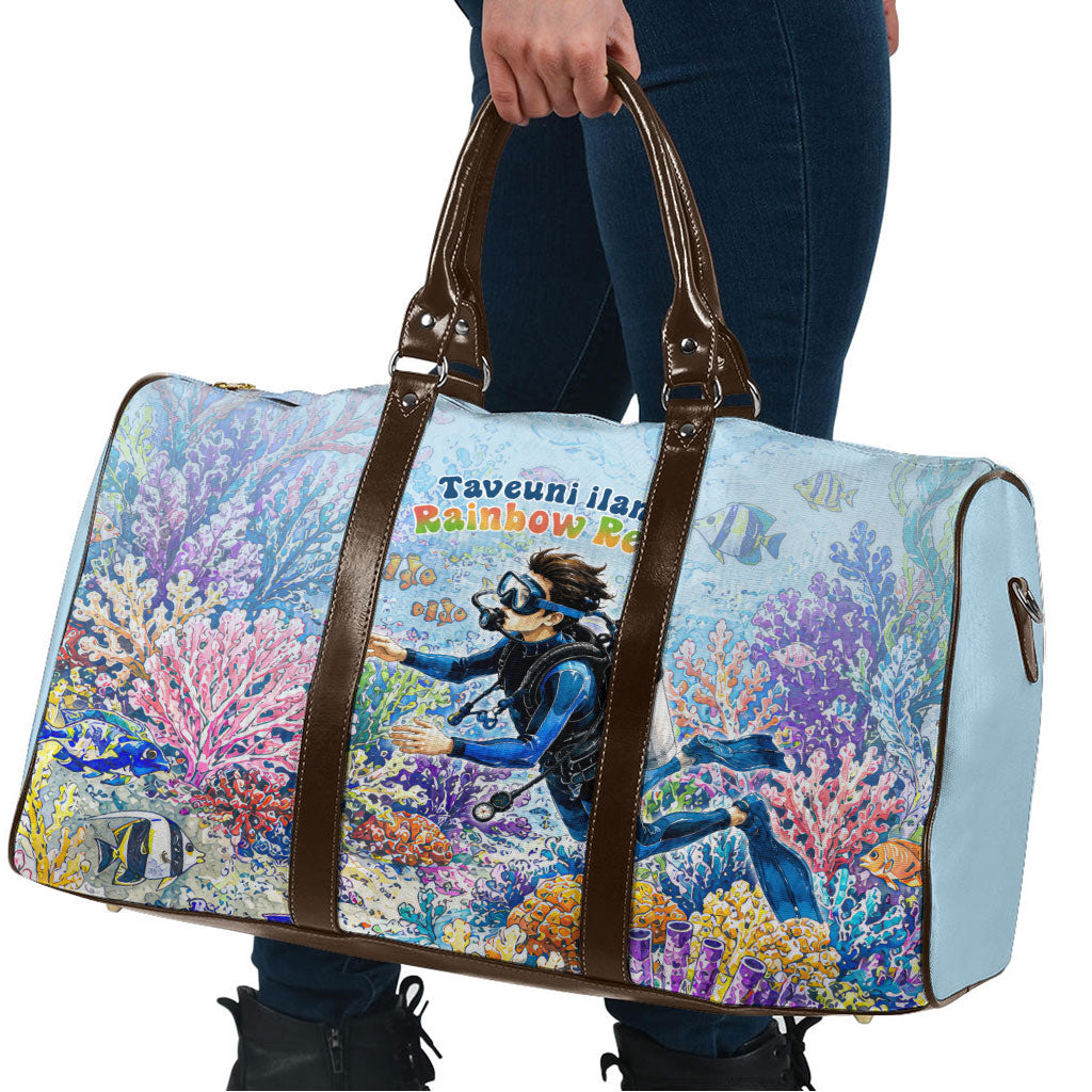 Fiji Taveuni Rainbow Reef Travel Bag Scuba Diver Vibrant Undersea Coral Garden Watercolor