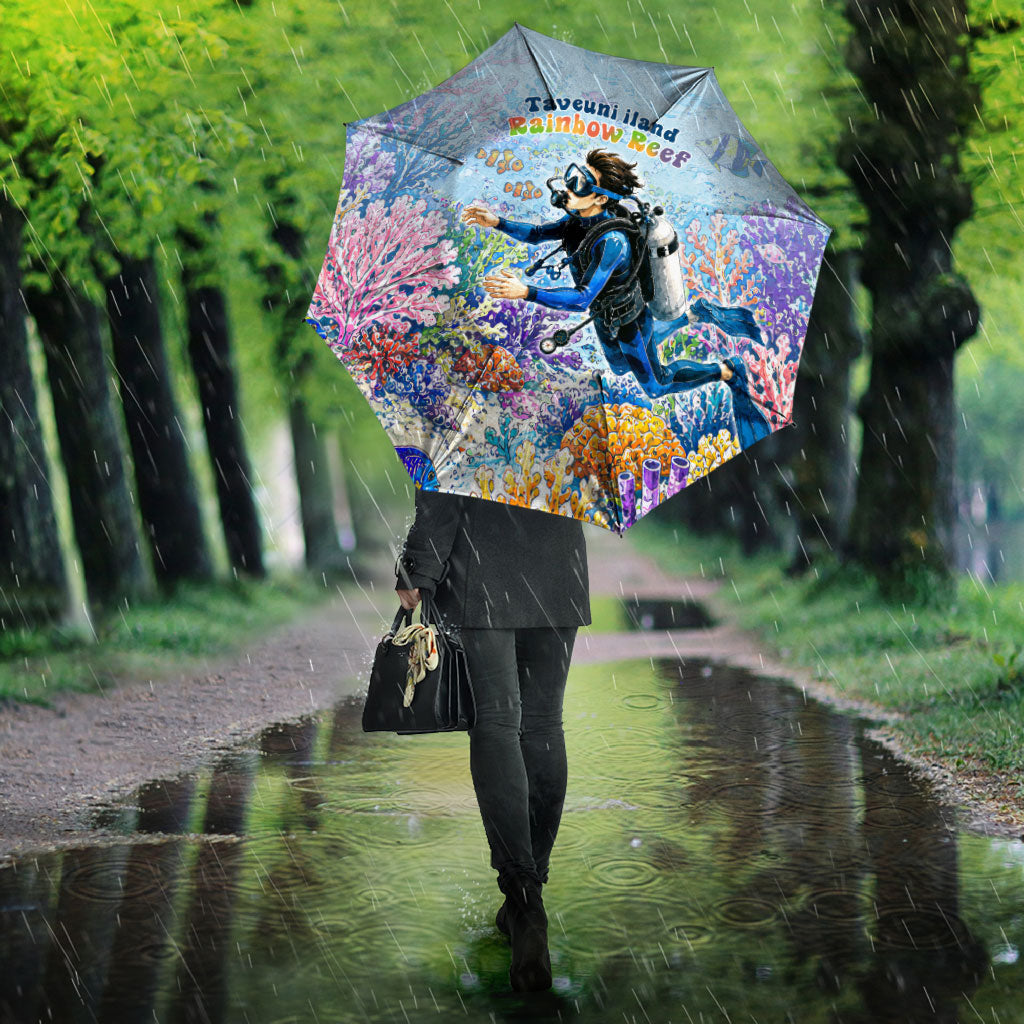 Fiji Taveuni Rainbow Reef Umbrella Scuba Diver Vibrant Undersea Coral Garden Watercolor
