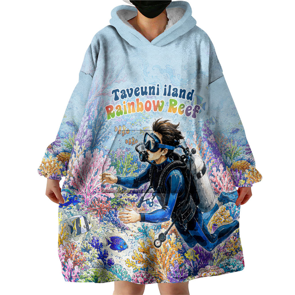Fiji Taveuni Rainbow Reef Wearable Blanket Hoodie Scuba Diver Vibrant Undersea Coral Garden Watercolor