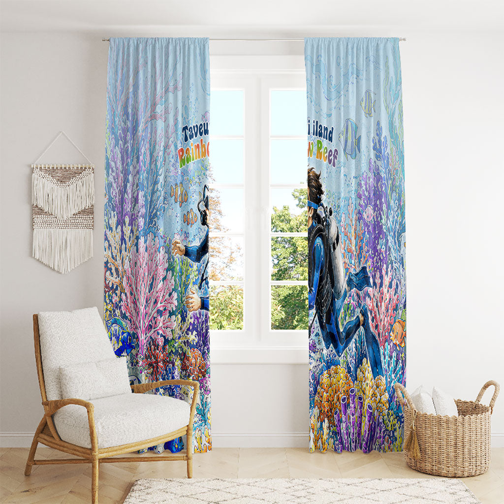 Fiji Taveuni Rainbow Reef Window Curtain Scuba Diver Vibrant Undersea Coral Garden Watercolor