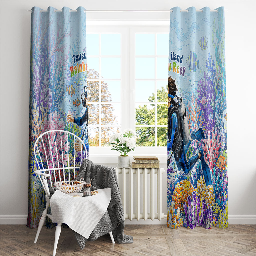 Fiji Taveuni Rainbow Reef Window Curtain Scuba Diver Vibrant Undersea Coral Garden Watercolor