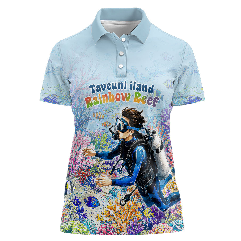Fiji Taveuni Rainbow Reef Women Polo Shirt Scuba Diver Vibrant Undersea Coral Garden Watercolor