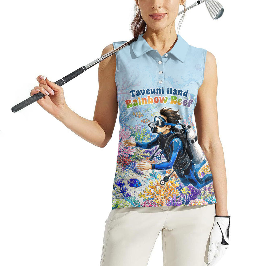 Fiji Taveuni Rainbow Reef Women Sleeveless Polo Shirt Scuba Diver Vibrant Undersea Coral Garden Watercolor