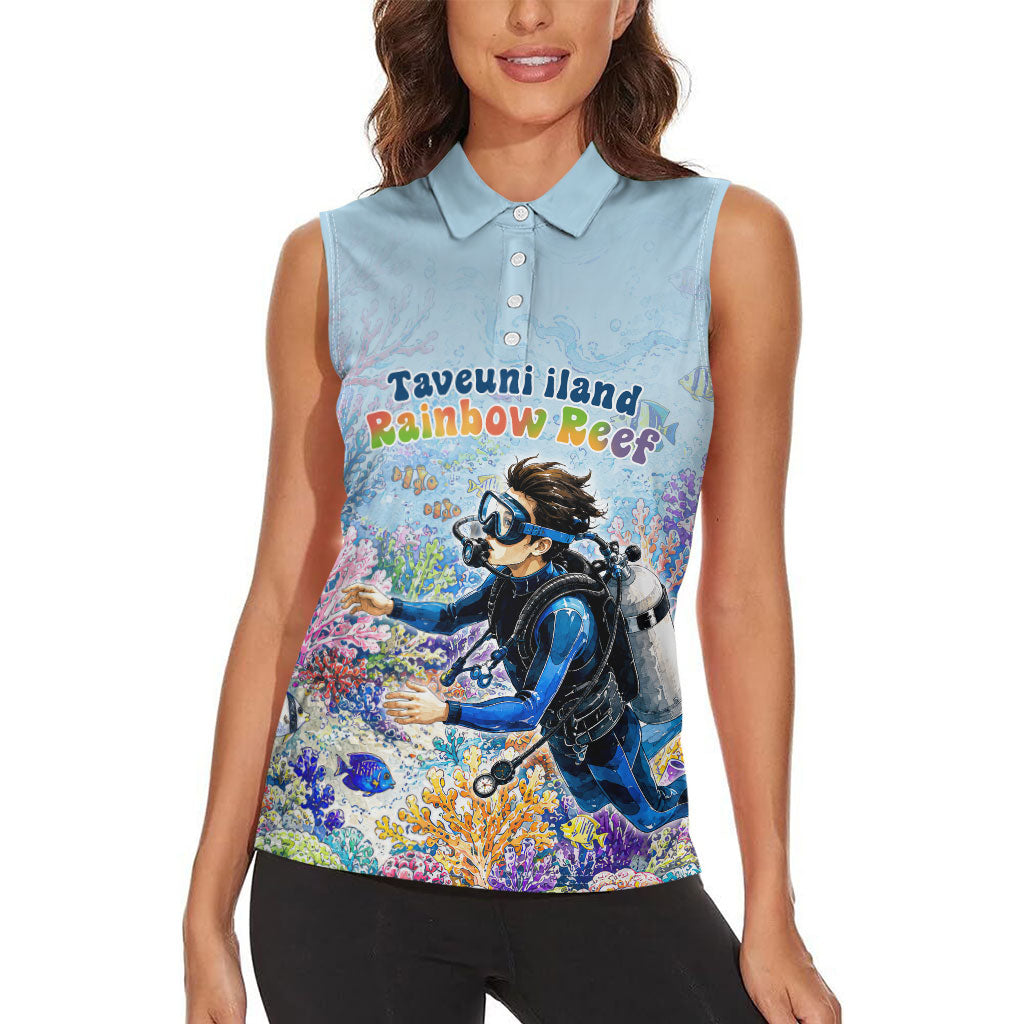Fiji Taveuni Rainbow Reef Women Sleeveless Polo Shirt Scuba Diver Vibrant Undersea Coral Garden Watercolor