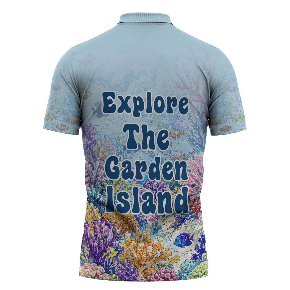 Fiji Taveuni Rainbow Reef Zipper Polo Shirt Scuba Diver Vibrant Undersea Coral Garden Watercolor