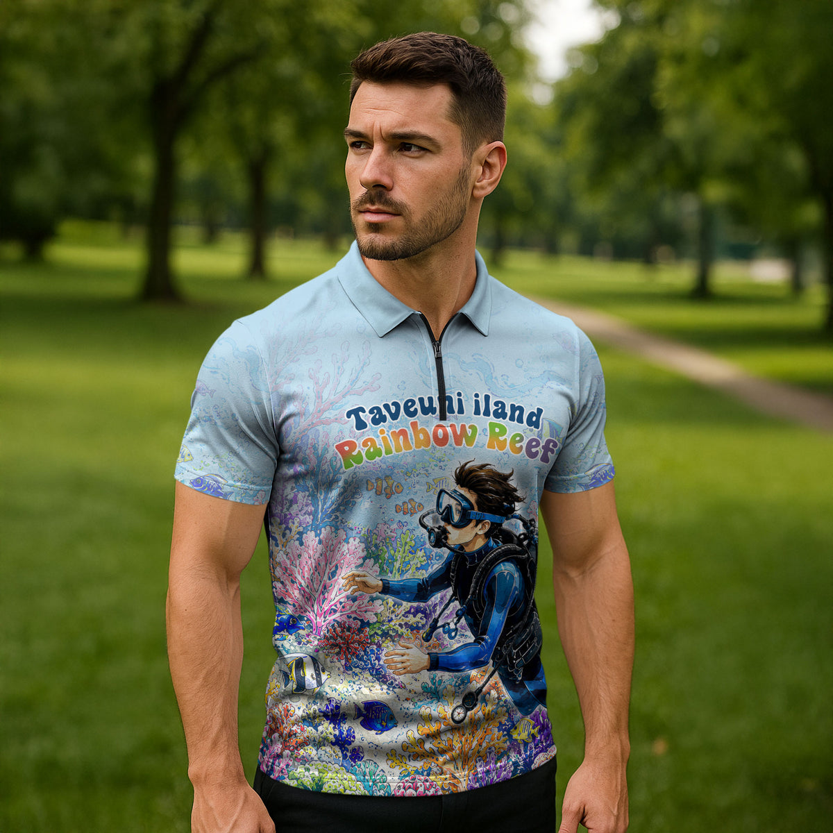 Fiji Taveuni Rainbow Reef Zipper Polo Shirt Scuba Diver Vibrant Undersea Coral Garden Watercolor