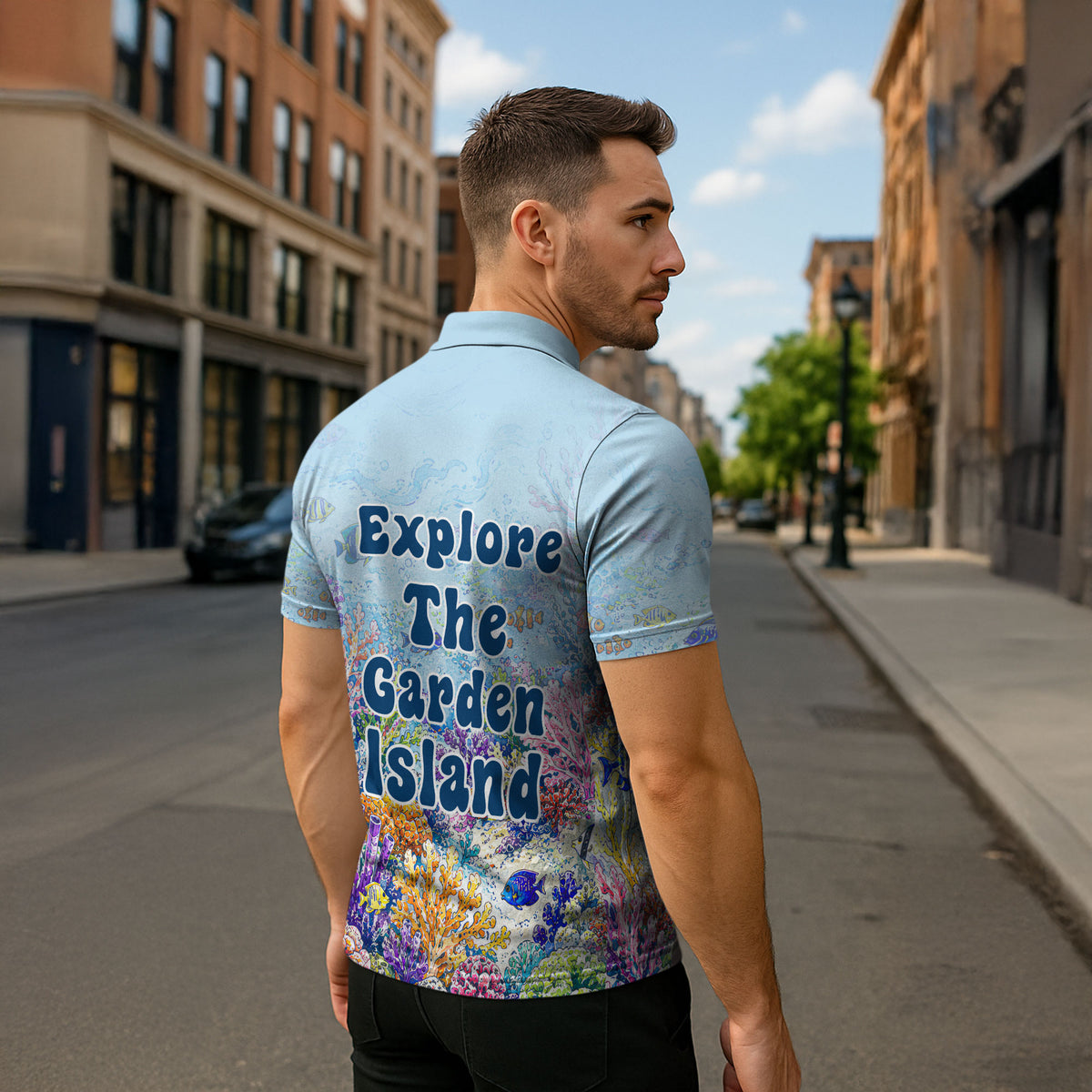 Fiji Taveuni Rainbow Reef Zipper Polo Shirt Scuba Diver Vibrant Undersea Coral Garden Watercolor