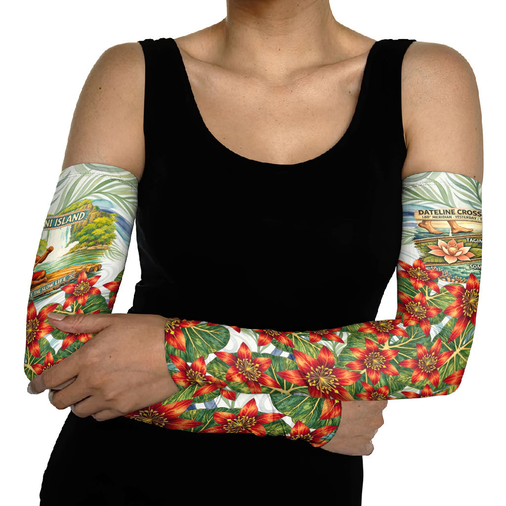 Fiji Taveuni Island Dateline Crossing Arm Sleeves Tropical Cultural Landscape With Tagimoucia Floral Pattern