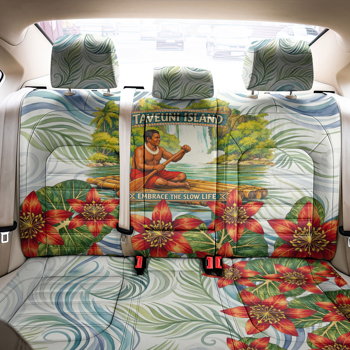 Fiji Taveuni Island Dateline Crossing Back Car Seat Cover Tropical Cultural Landscape With Tagimoucia Floral Pattern