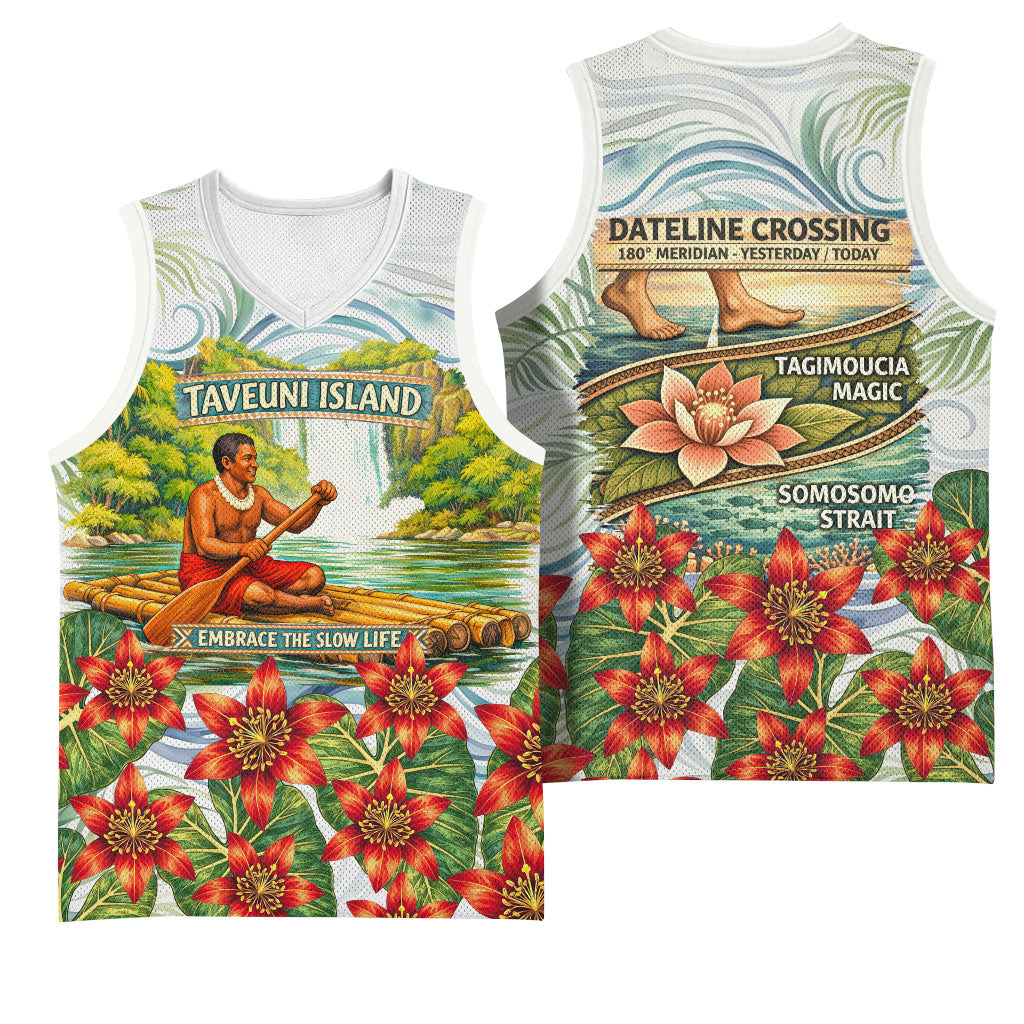 Fiji Taveuni Island Dateline Crossing Basketball Jersey Tropical Cultural Landscape With Tagimoucia Floral Pattern