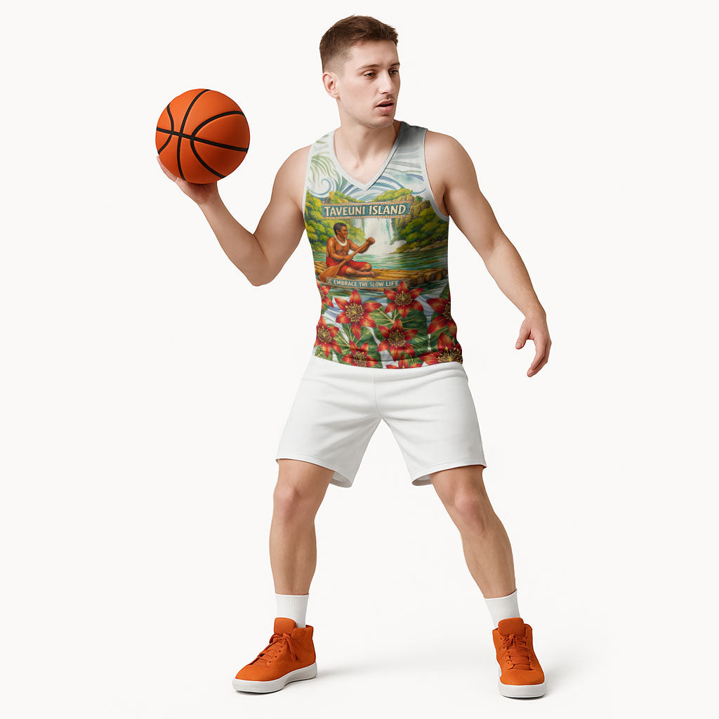 Fiji Taveuni Island Dateline Crossing Basketball Jersey Tropical Cultural Landscape With Tagimoucia Floral Pattern