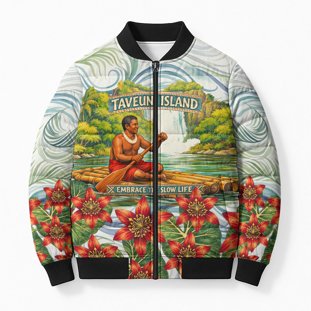 Fiji Taveuni Island Dateline Crossing Bomber Puffer Jacket Tropical Cultural Landscape With Tagimoucia Floral Pattern
