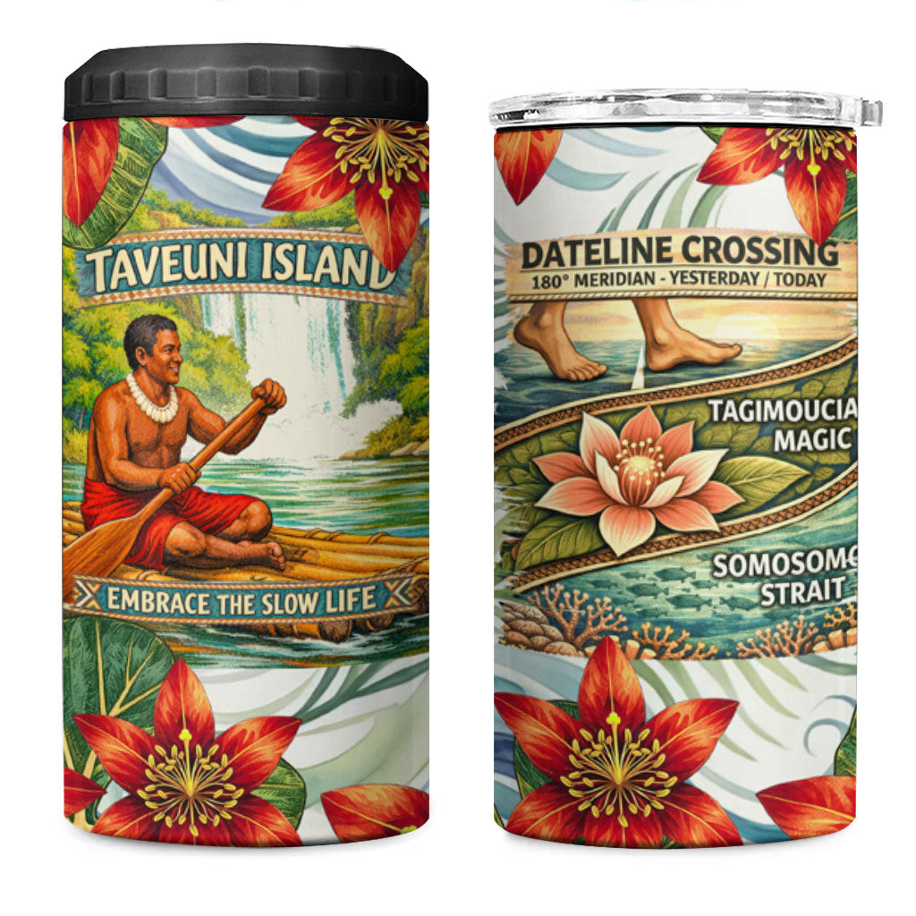 Fiji Taveuni Island Dateline Crossing 4 in 1 Can Cooler Tumbler Tropical Cultural Landscape With Tagimoucia Floral Pattern