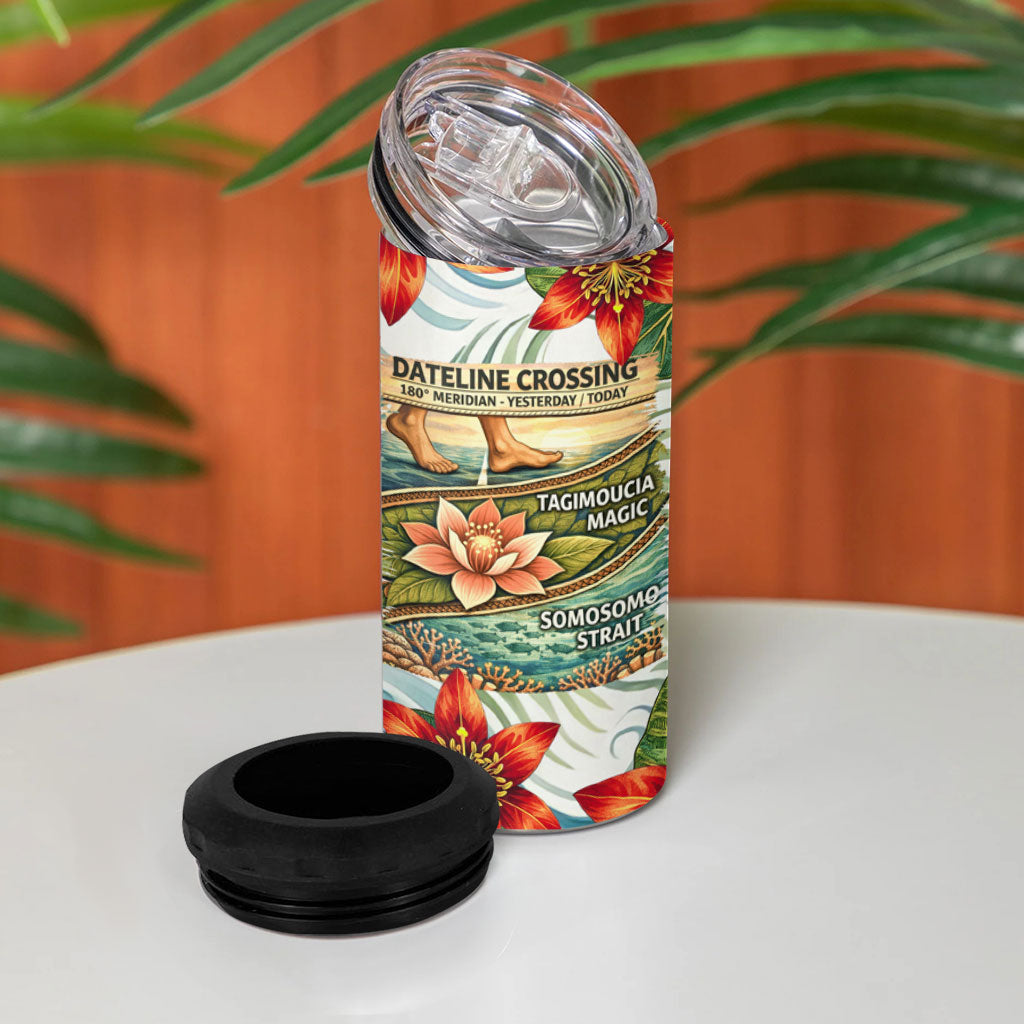 Fiji Taveuni Island Dateline Crossing 4 in 1 Can Cooler Tumbler Tropical Cultural Landscape With Tagimoucia Floral Pattern