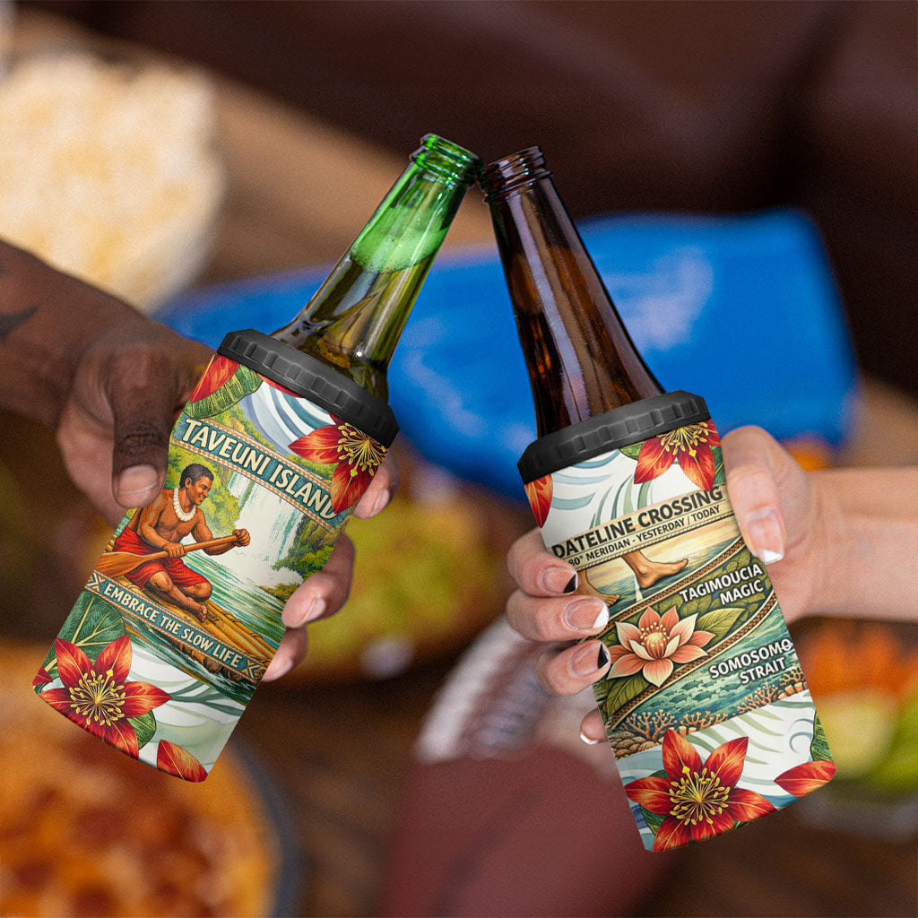 Fiji Taveuni Island Dateline Crossing 4 in 1 Can Cooler Tumbler Tropical Cultural Landscape With Tagimoucia Floral Pattern