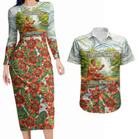 Fiji Taveuni Island Dateline Crossing Couples Matching Long Sleeve Bodycon Dress and Hawaiian Shirt Tropical Cultural Landscape With Tagimoucia Floral Pattern
