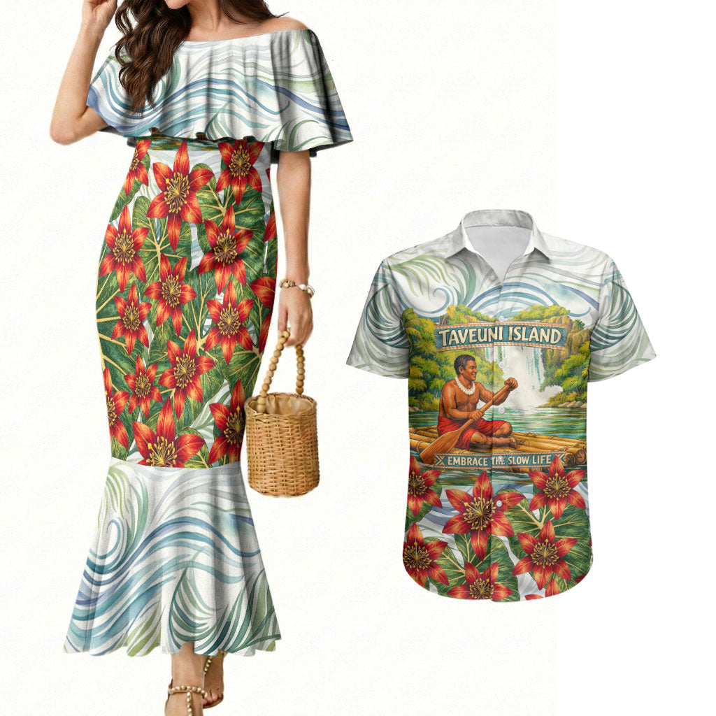 Fiji Taveuni Island Dateline Crossing Couples Matching Mermaid Dress and Hawaiian Shirt Tropical Cultural Landscape With Tagimoucia Floral Pattern TS04 White Green - Polynesian Pride