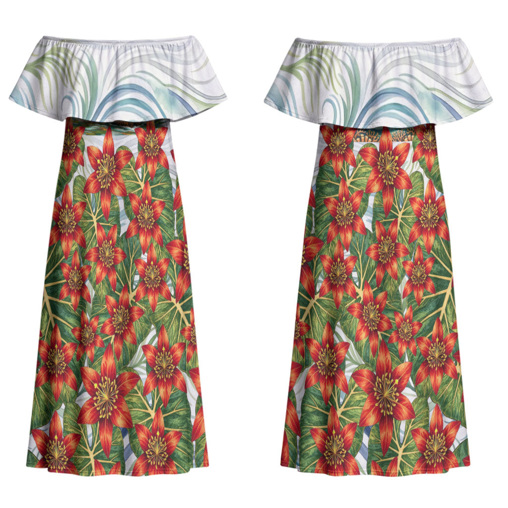 Fiji Taveuni Island Dateline Crossing Couples Matching Off Shoulder Maxi Dress and Hawaiian Shirt Tropical Cultural Landscape With Tagimoucia Floral Pattern