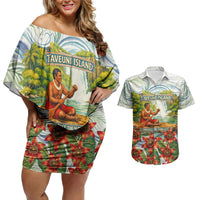 Fiji Taveuni Island Dateline Crossing Couples Matching Off Shoulder Short Dress and Hawaiian Shirt Tropical Cultural Landscape With Tagimoucia Floral Pattern