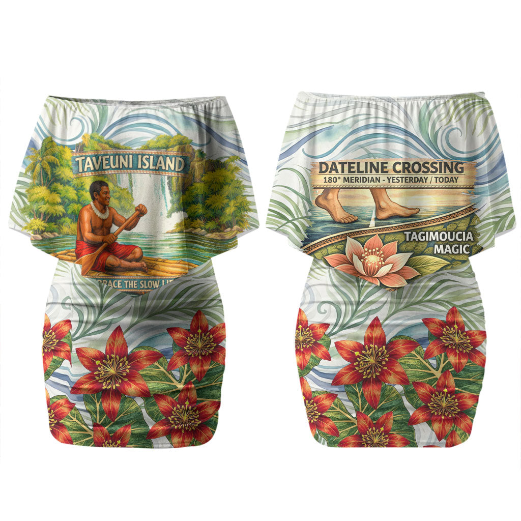 Fiji Taveuni Island Dateline Crossing Couples Matching Off Shoulder Short Dress and Hawaiian Shirt Tropical Cultural Landscape With Tagimoucia Floral Pattern