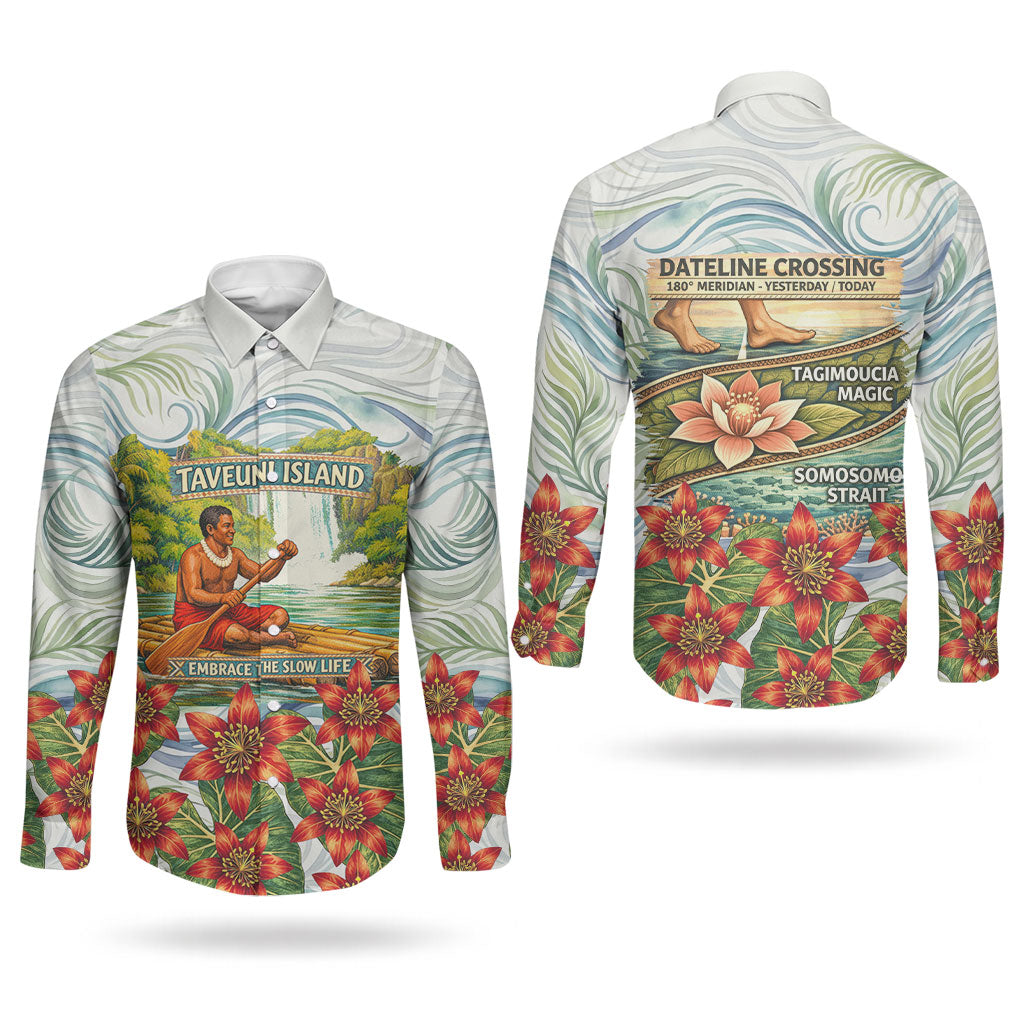 Fiji Taveuni Island Dateline Crossing Couples Matching Off Shoulder Short Dress and Long Sleeve Button Shirt Tropical Cultural Landscape With Tagimoucia Floral Pattern