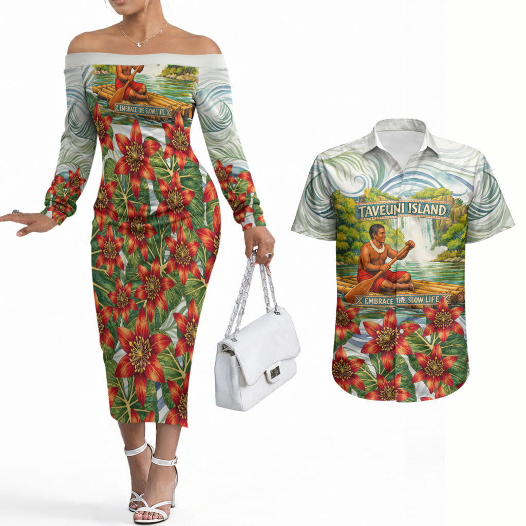 Fiji Taveuni Island Dateline Crossing Couples Matching Off The Shoulder Long Sleeve Dress and Hawaiian Shirt Tropical Cultural Landscape With Tagimoucia Floral Pattern TS04 White Green - Polynesian Pride